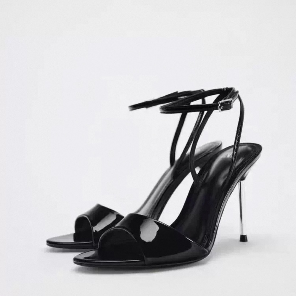 Zara Glossy Black Heels with Silver Accents